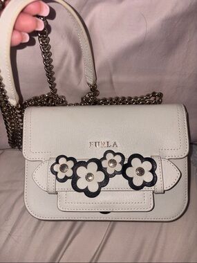 Furla white Leather Crossbody with Black Floral Appliqués